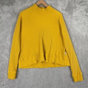 The North Face Waffle Knit Top Womens Medium Yellow Mock Neck Long Sleeve Raglan